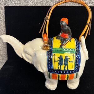 Vintage Ceramic Elephant Teapot with Rider & Bamboo Handle – Hand Painted –G1424